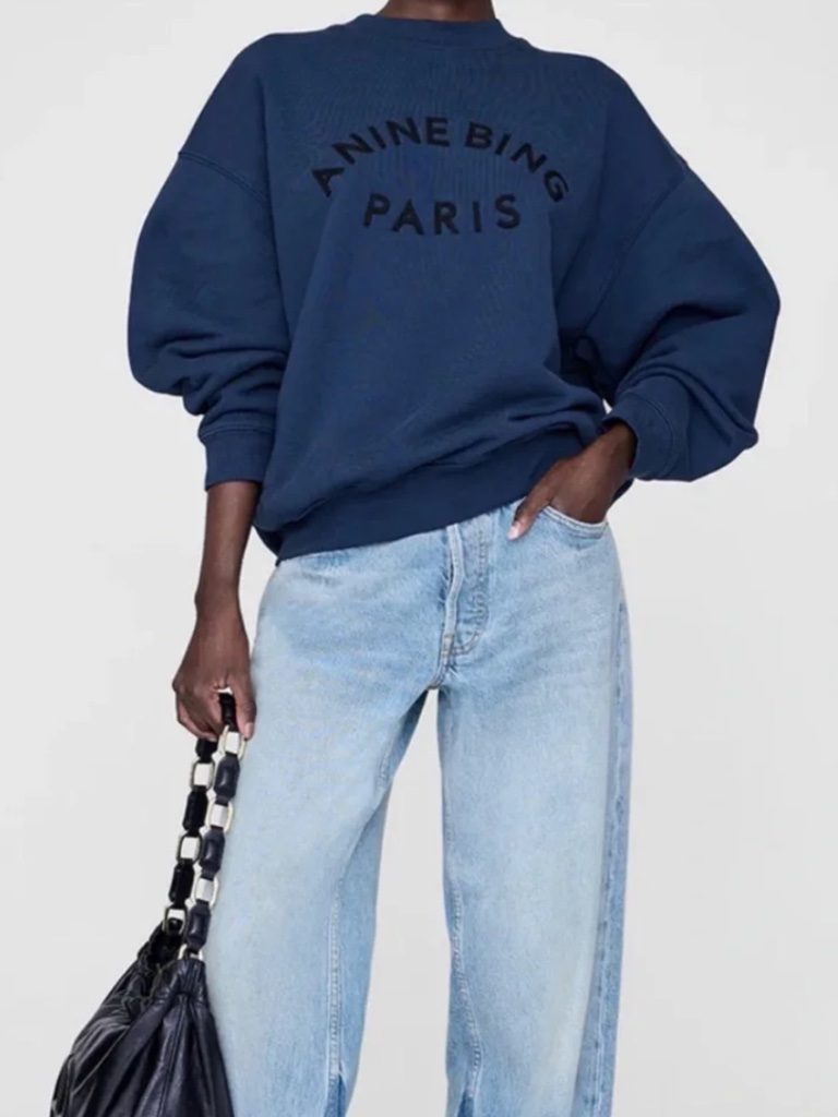 Anine Bing Jaci Sweatshirt Paris In Washed Navy Blue, Size Small